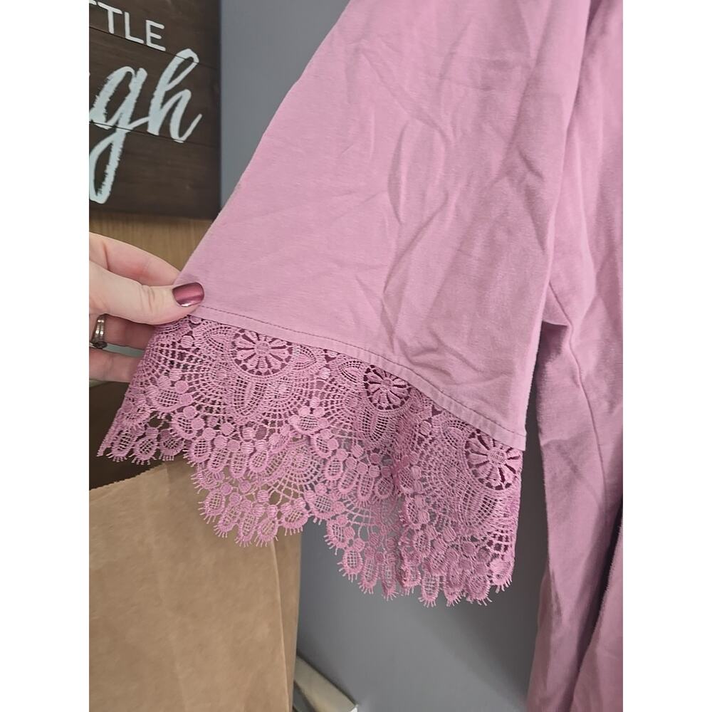 Denim & Co. Pink V-Neck Lace Detail 3/4 Sleeve Casual Top Womans Plus Size 3X - Picture 3 of 6
